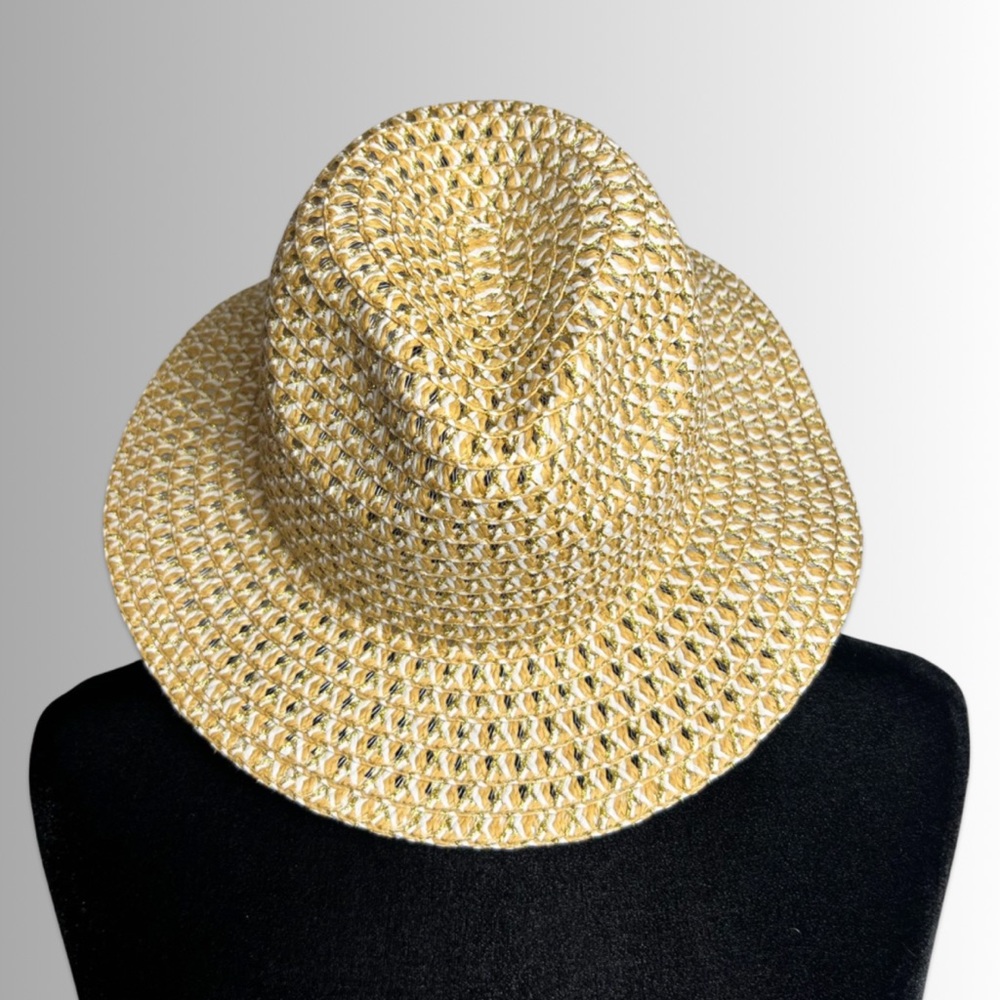 Vince Camuto Beige, White & Gold Patterned Straw Hat